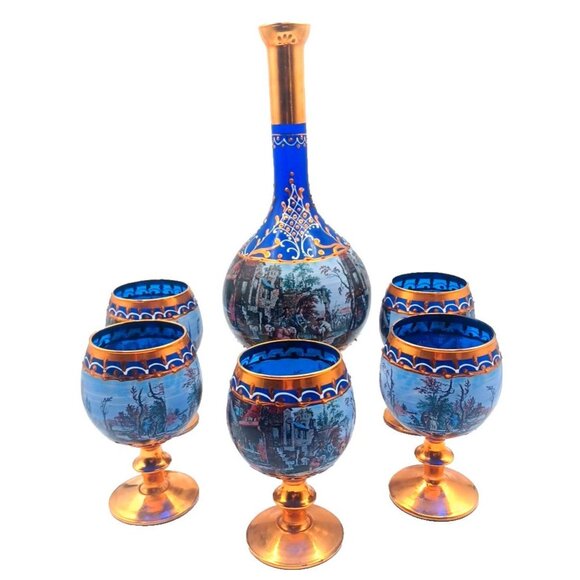Murano Other - Murano Cobalt Blue Gold Pedestal Italian Victorian Scenes Decanter Wine Glasses